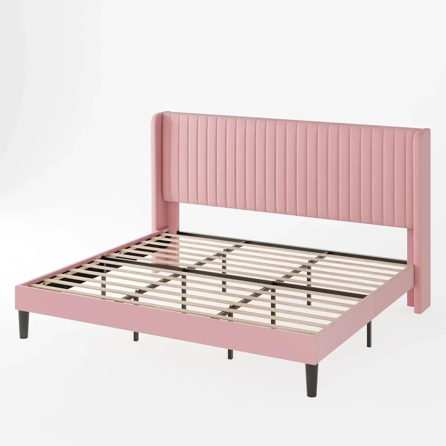 Allewie Full Size Velvet Bed Frame Vertical Channel Tufted Wingback Headboard Upholstered Bed wourant