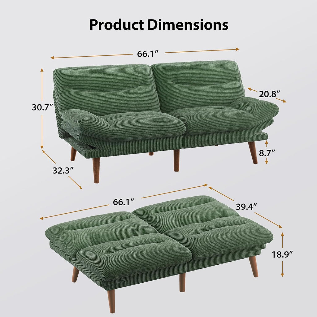 Convertible Futon Sofa Bed 66 Inch Corduroy Futon Sofa Recliner Sofa Bed for Small Spaces wourant