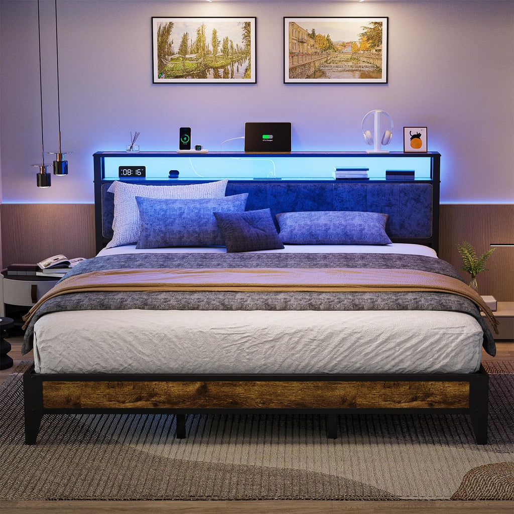 OLEVS Single Bed Frame LED Light Storage Headboard Type C Charging Station Metal Platform Bed wourant