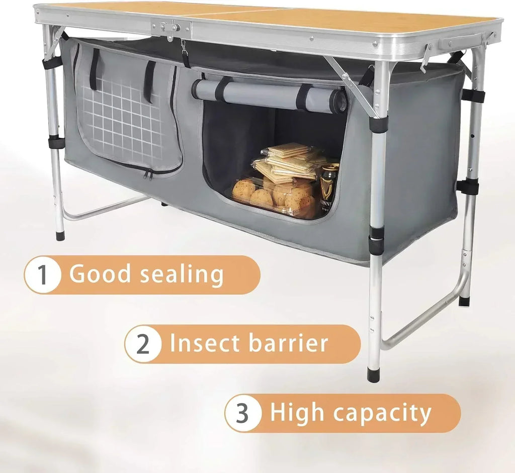 Outdoor Folding Table Aluminum Lightweight Height Adjustable with Storage Organizer wourant