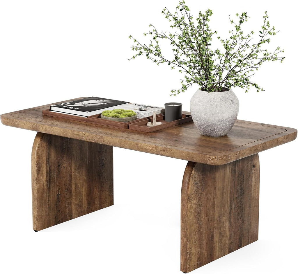 LITTLE TREE Farmhouse Coffee Table 47 Inch Round Corner Wood Center Table Rectangular wourant