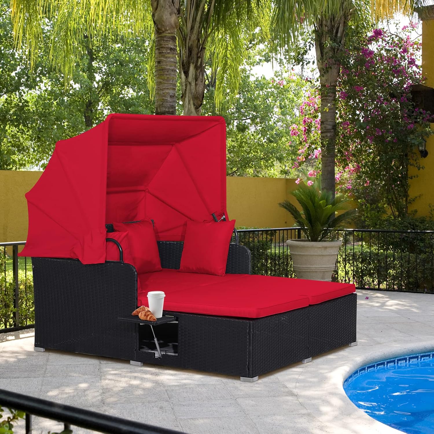 RELAX4LIFE Patio Outdoor Daybed with Canopy Wicker Sunbed Cushions 4 Pillows wourant