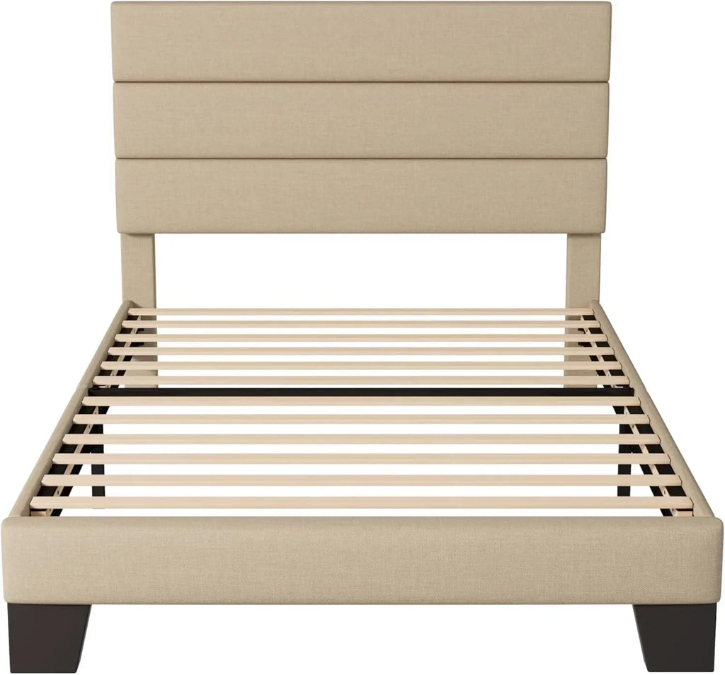 Allewie King size platform bed frame with velvet upholstered headboard and planks wourant