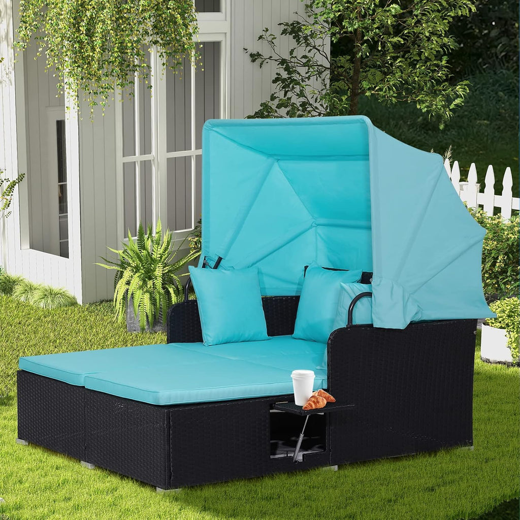 RELAX4LIFE Patio Outdoor Daybed with Canopy Wicker Sunbed Cushions 4 Pillows wourant