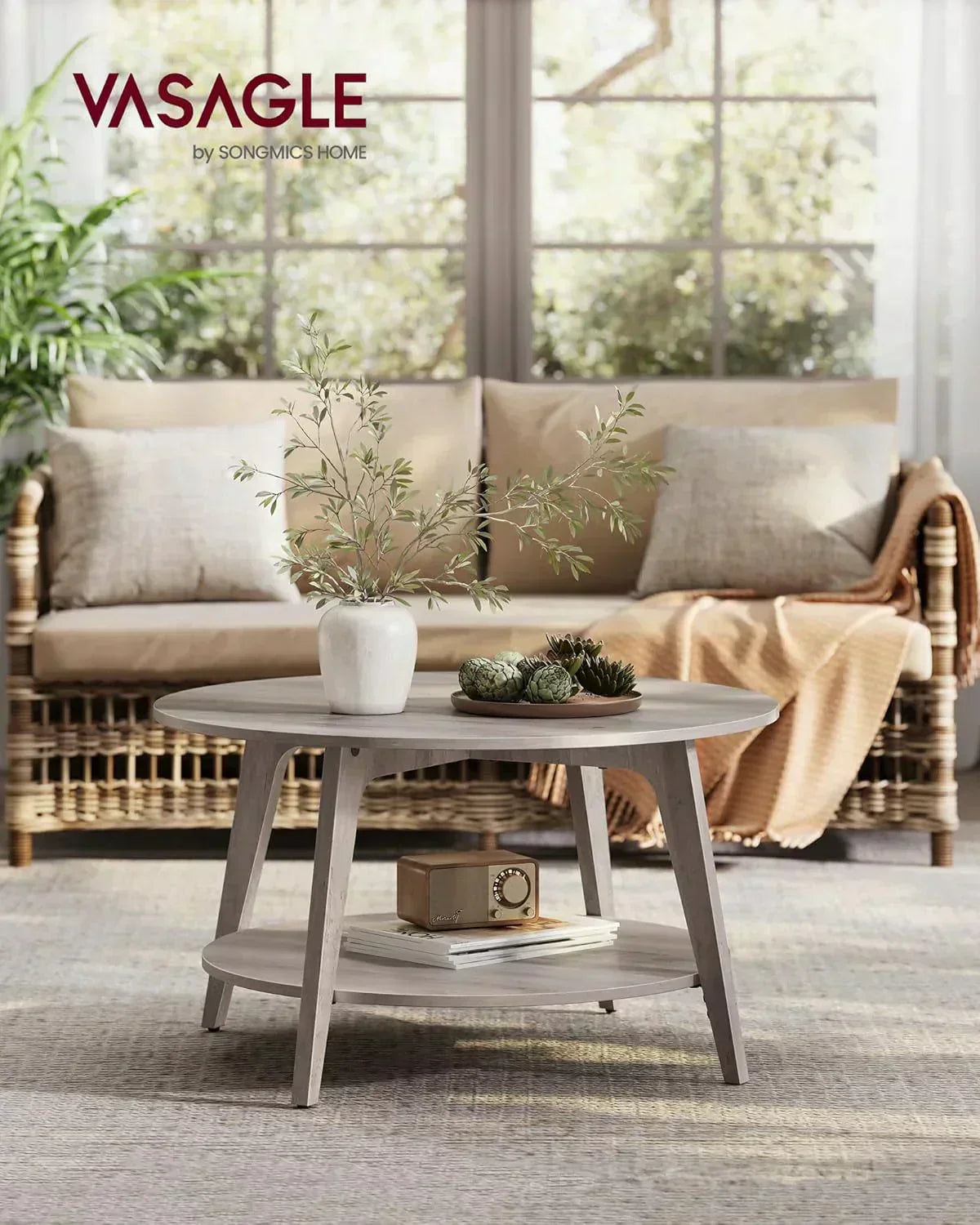 VASAGLE Round Coffee Table 2 Tier Coffee Table with Storage for Living Room 31.5 x 17.7 Inches wourant