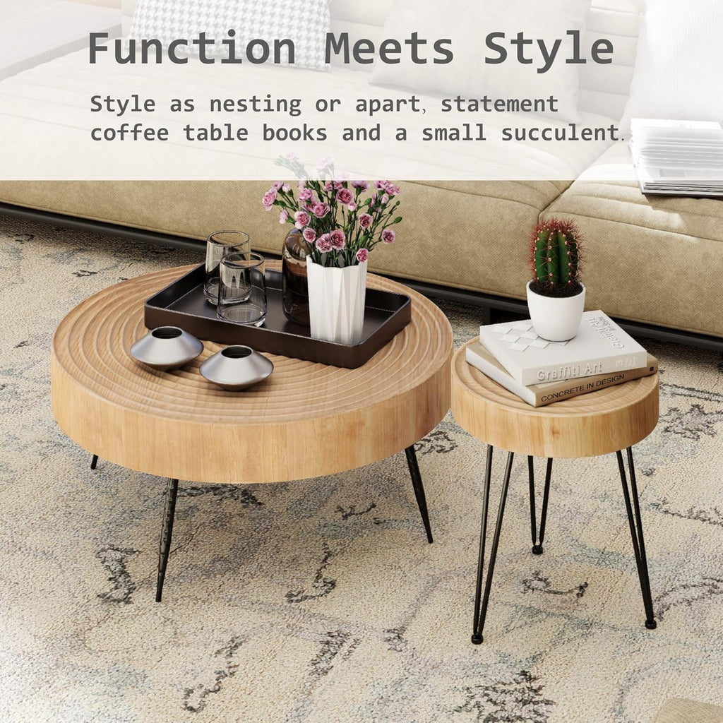 Two-Piece Modern Farmhouse Living Room Coffee Table Set Round Nesting Tables wourant