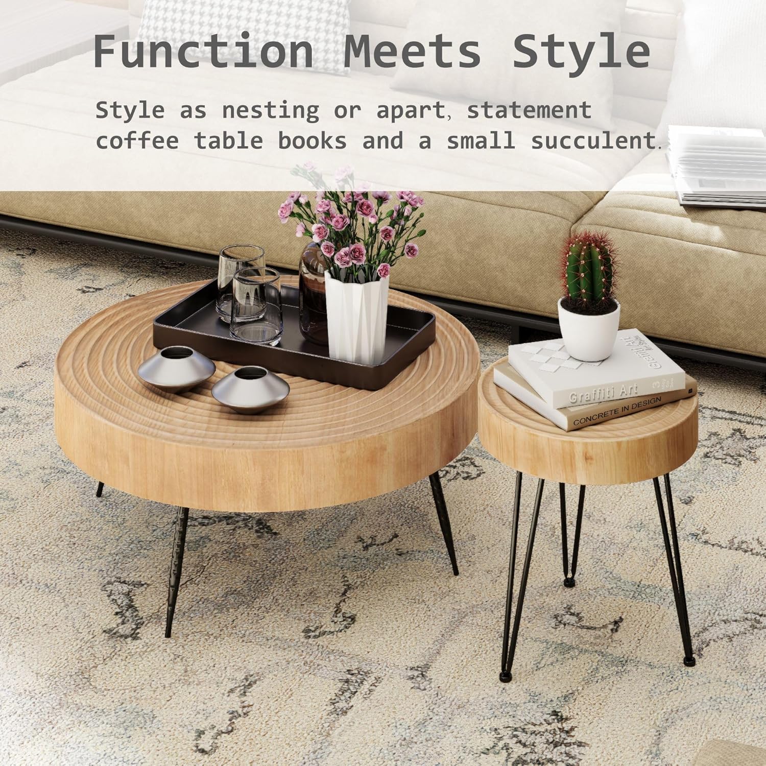 Two-Piece Modern Farmhouse Living Room Coffee Table Set Round Nesting Tables wourant