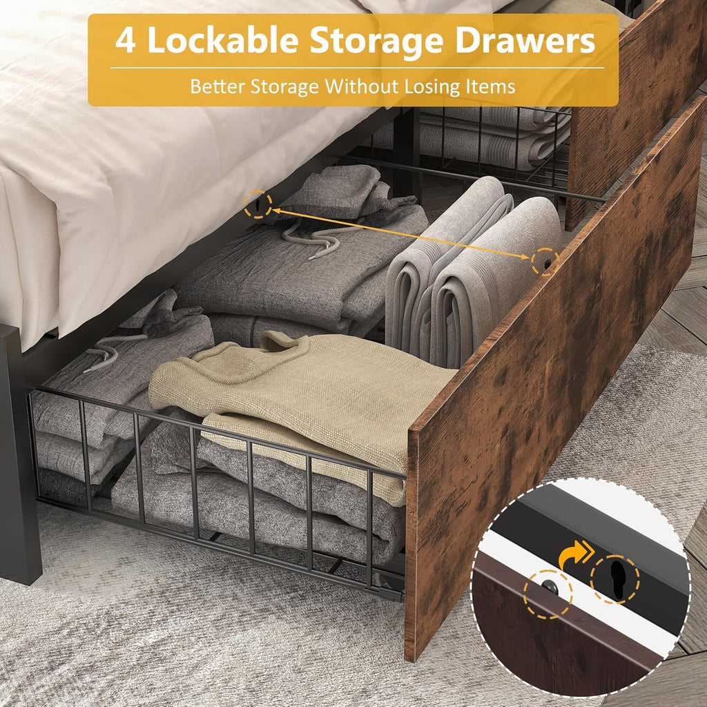 Lifezone Queen Bed Frame 2-Tier Storage Headboard Metal Platform Bed Frame 4 Storage Drawers wourant