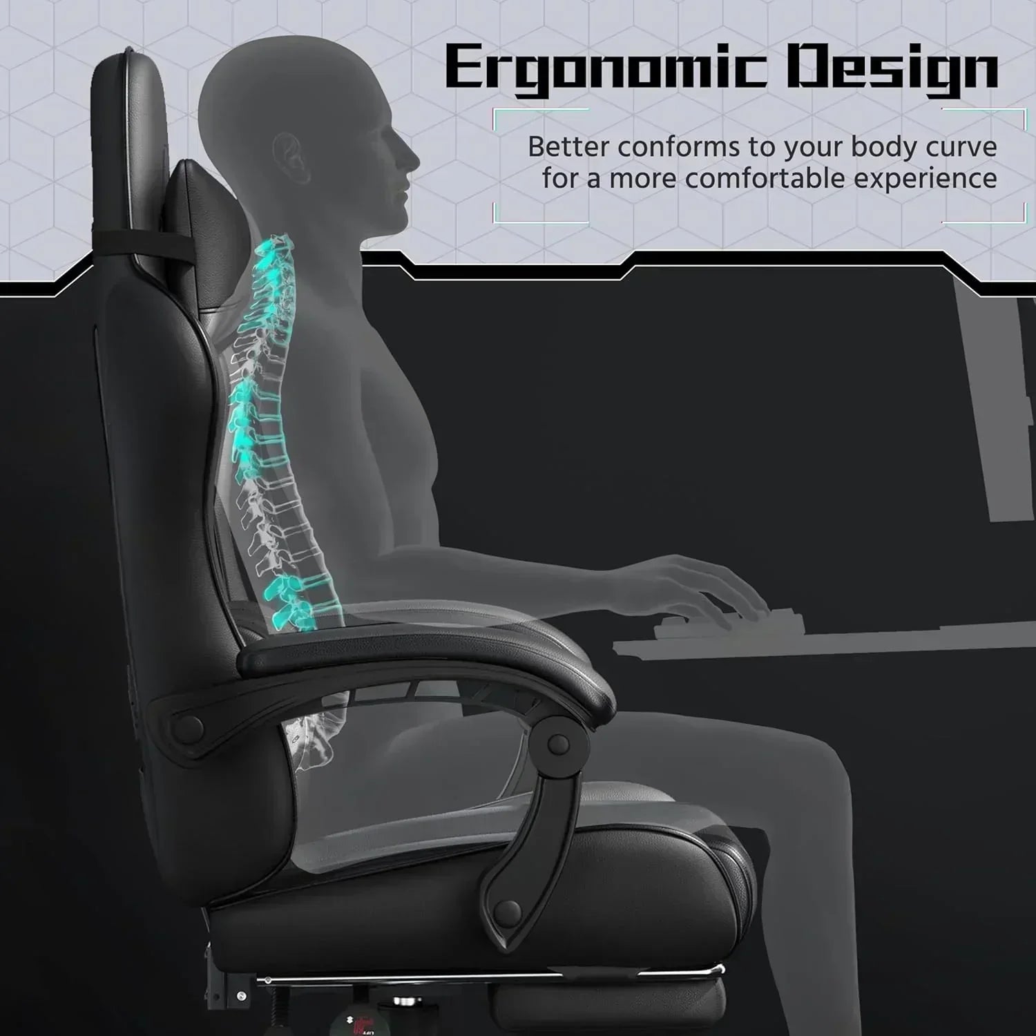 Gaming Chair with Massage Lumbar Support and Footrest Height Office Gaming Chair wourant