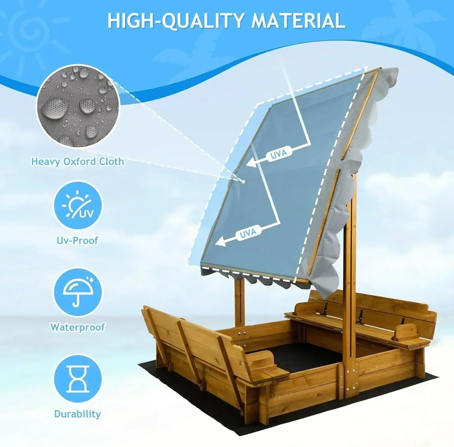 Kids Sandbox with Lid Wooden Sand Box Cover Outdoor UV-Protection Natural Wood Foldable Bench Seat wourant