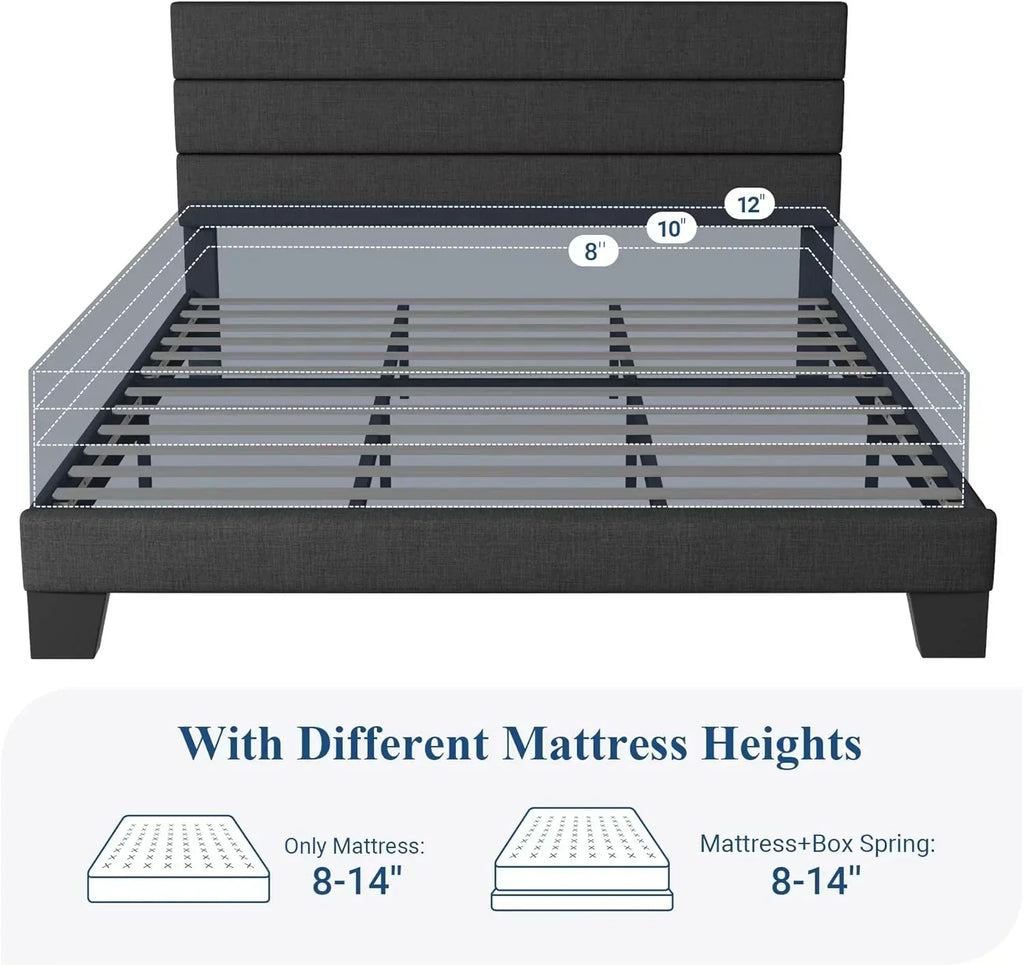 Allewie Queen Size Platform Bed Frame with Fabric Upholstered Headboard Wooden Slats Support wourant