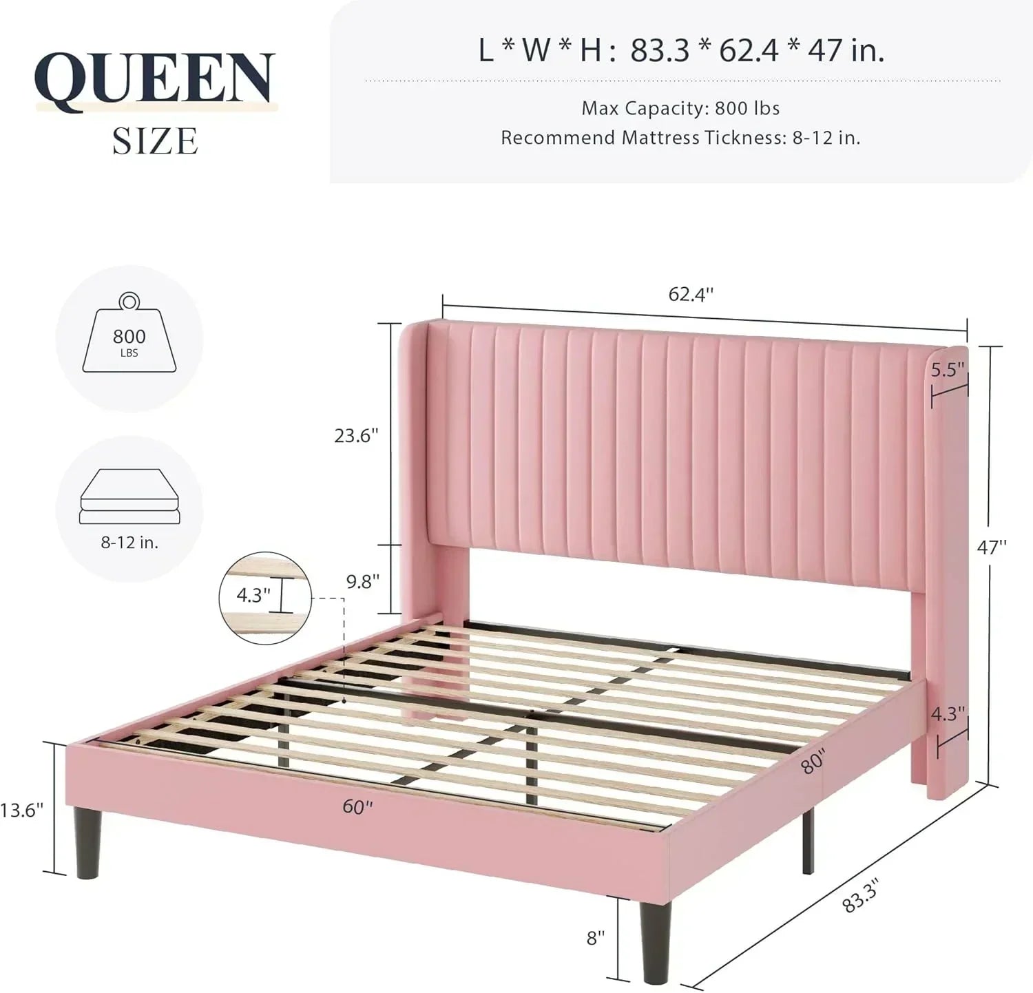 Allewie Full Size Velvet Bed Frame Vertical Channel Tufted Wingback Headboard Upholstered Bed wourant
