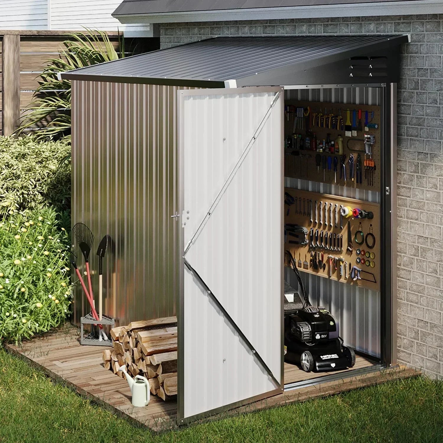 Aoxun 6.2x4 FT Shed Outdoor Storage Shed Metal Garden Shed Sloping Roof Tool Shed Bike Shed wourant