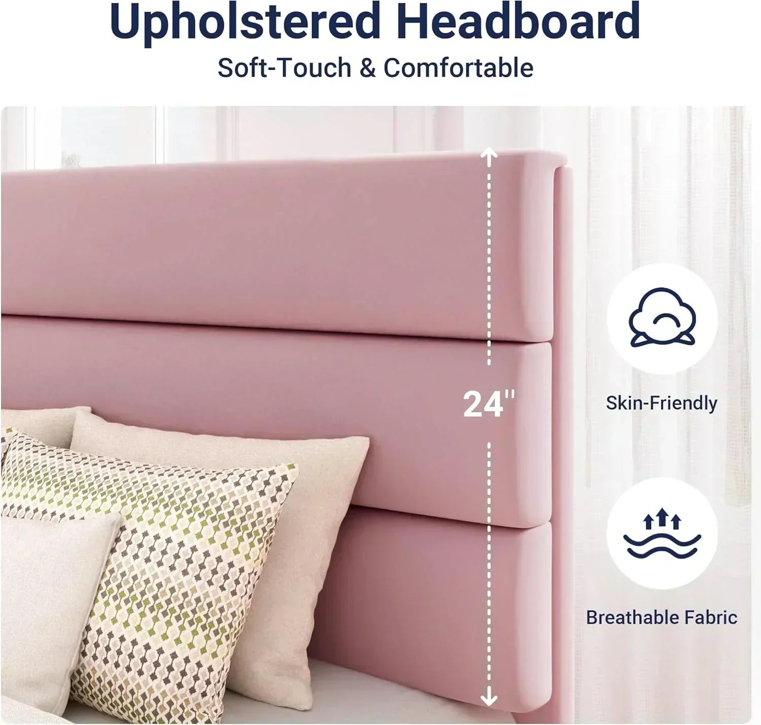 Allewie King size platform bed frame with velvet upholstered headboard and planks wourant