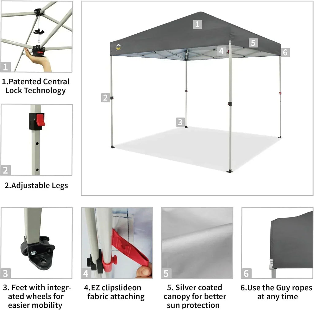 10x10 Pop-Up Awning One-Click Installation Beach Tent Outdoor Sunshade Silver Coated Top wourant