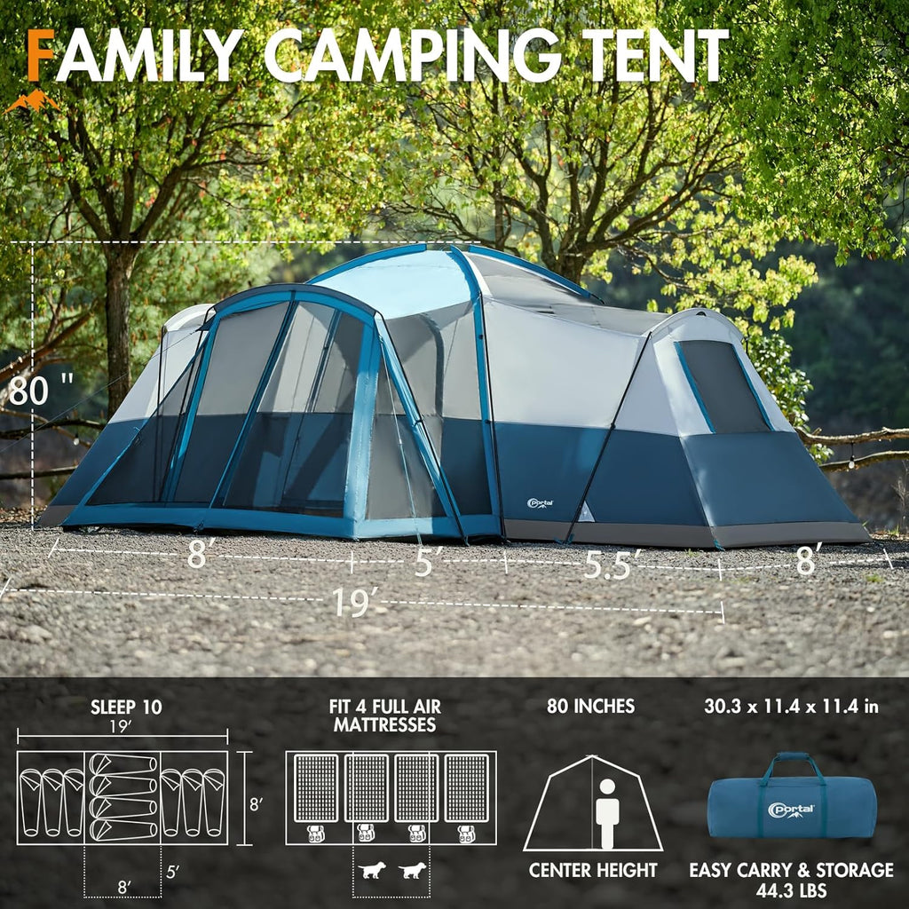 PORTAL 6/8/10 Person Family Camping Tent with Screen Room Water Resistant Big Tunnel Tent wourant