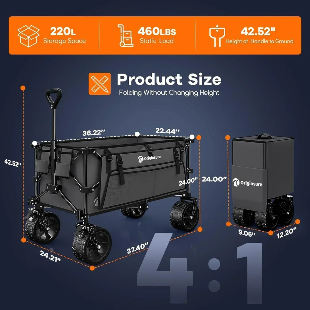 38" long foldable four-wheel stroller 460 lb capacity 220 liter folding beach stroller wourant