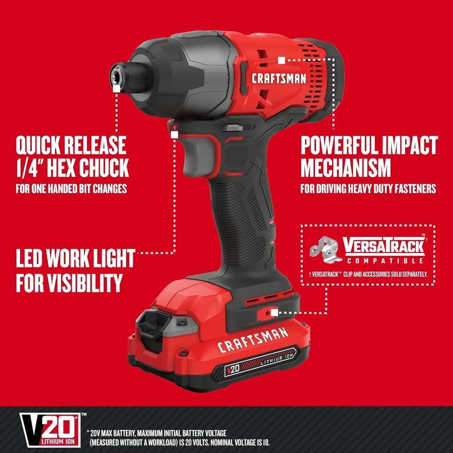 20V MAX Impact Driver Kit 1/4 Inch 2,800 RPM LED Work light Battery and Charger Included wourant
