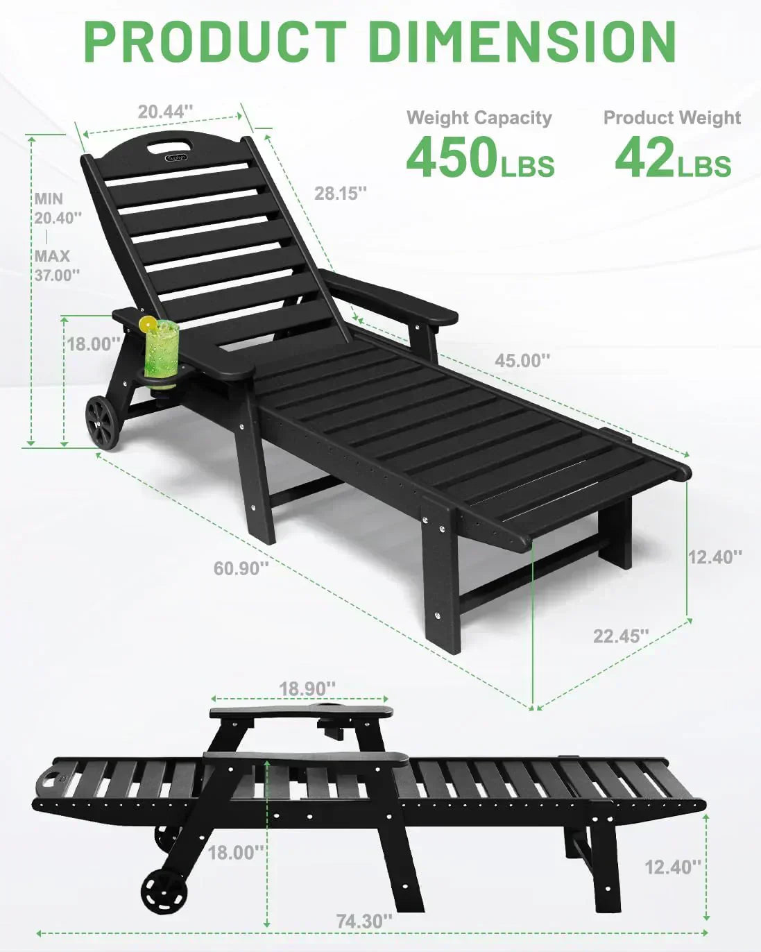 Lounge Chair Outdoor Chaise Lounge HDPE 6-Position Outdoor Chaise Lounge Patio Lounge Chair wourant