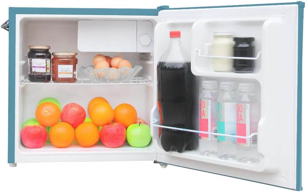 Frigidaire EFR176 Retro Compact Fridge with Chiller Mini Refrigerator with Built-in Bottle Opener for Office, Bedroom, Dorm Room or Cabin, 1.6 cu ft 16" D x 18" W x 18.5" H, Moonlight wourant