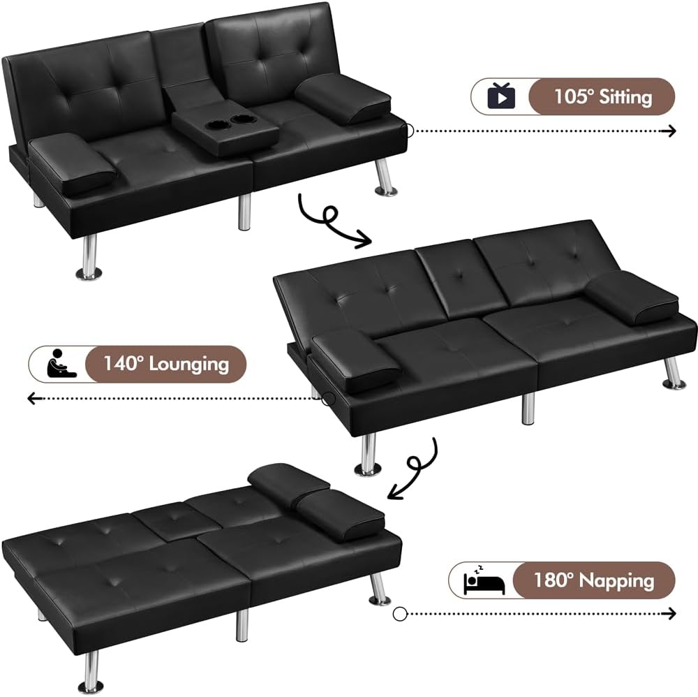 Yaheetech Convertible Sofa Bed Adjustable Couch Sleeper Modern Faux Leather Home Recliner Reversible Loveseat Folding Daybed Guest Bed, Removable Armrests, Cup Holders, 3 Angles, 772lb Capacity, Brown wourant