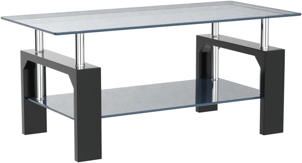 Living Room Rectangle Coffee Table, Tea Table Suitable for Waiting Room, Modern Side Coffee Table with Wooden Leg, Glass Tabletop wourant