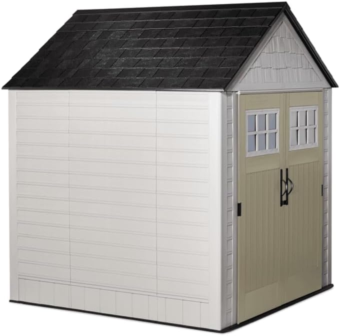 Rubbermaid Resin Outdoor Storage Shed With Floor (7 x 7 Ft) Weather Resistant Gray Organization for Home/Backyard/Garden Tools/Lawn Mower/Bike Storage/Pool Supplies wourant