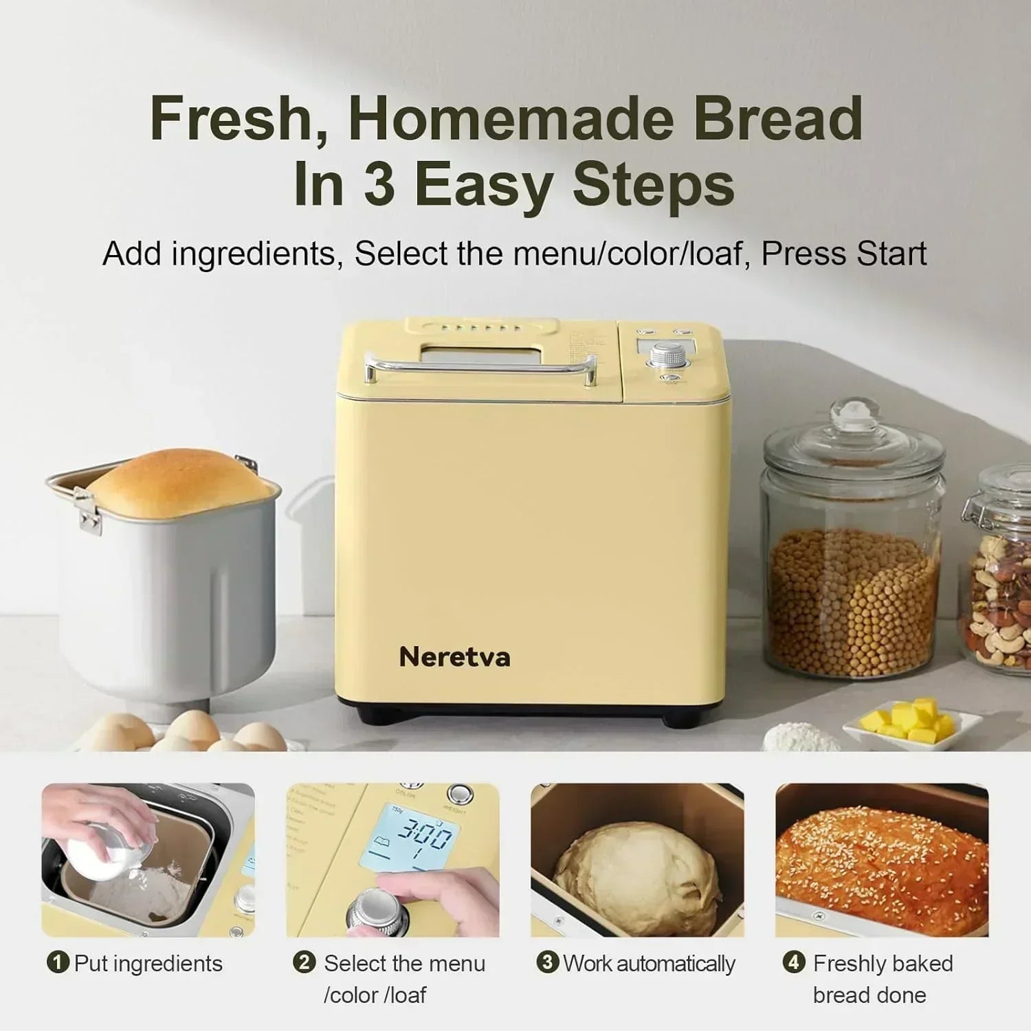 Neretva Bread Maker 20-in-1 2LB Bread Maker Dual Heater Bread Maker Automatic wourant