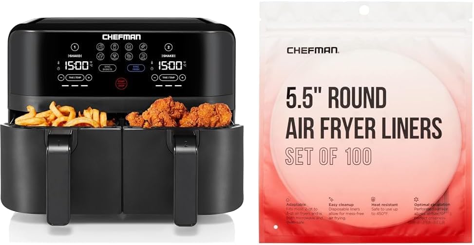 Chefman 6 Quart Dual Basket Air Fryer - Digital Touchscreen, Smart Sync Finish, Hi-Fry, Auto Shutoff, 2 Independent 3QT Nonstick Dishwasher-Safe Frying Baskets - Digital Double Air Fryer - Black wourant