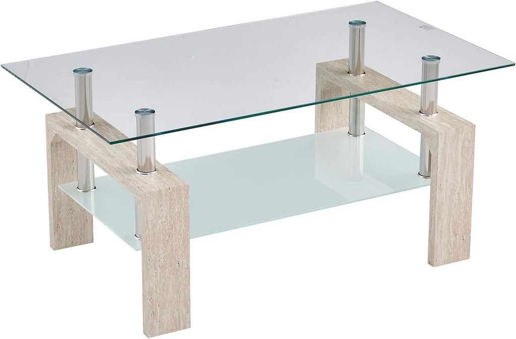 Living Room Rectangle Coffee Table, Tea Table Suitable for Waiting Room, Modern Side Coffee Table with Wooden Leg, Glass Tabletop wourant