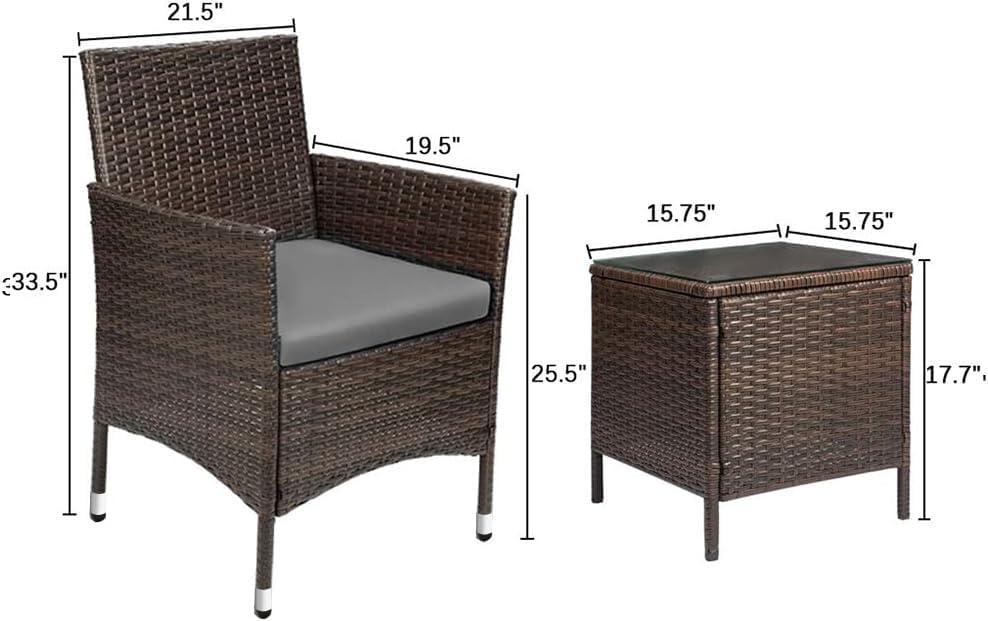 Devoko Patio Porch Furniture Sets 3 Pieces PE Rattan Wicker Chairs with Table Outdoor Garden Furniture Sets (Brown/Beige) wourant