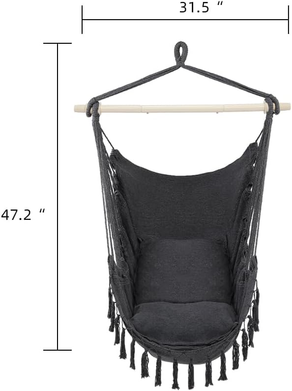 ONCLOUD Hammock Chair Hanging Rope Swing, Load Capacity Up to 550 LBS Macrame Hammock Swing Seat with Two Cushions, Hammock Seats with Portable Steel Spreader Bar for Indoor/Outdoor, Black wourant