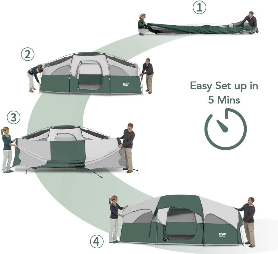 CAMPROS CP Tent 8 Person Camping Tents, Weather Resistant Family Tent, 5 Large Mesh Windows, Double Layer, Divided Curtain for Separated Room, Portable with Carry Bag wourant