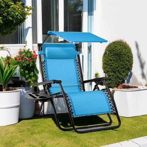 Best Choice Products Folding Zero Gravity Outdoor Recliner Patio Lounge Chair w/Adjustable Canopy Shade, Headrest, Side Accessory Tray, Textilene Mesh - Peacock Blue wourant