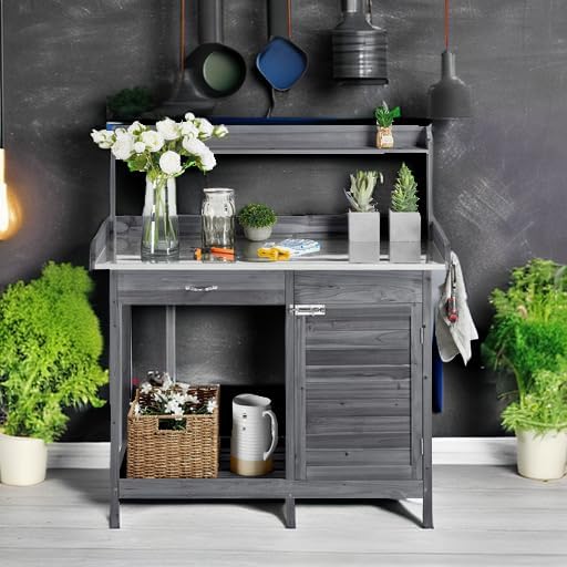 Yaheetech Outdoor Garden Potting Bench Table Work Bench Metal Tabletop W/Cabinet Drawer Open Shelf Natural Wood wourant