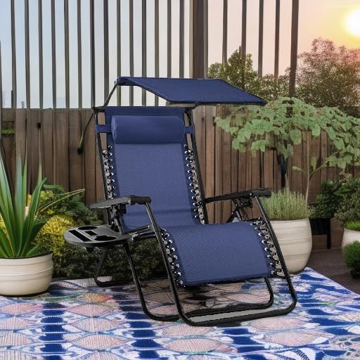 Best Choice Products Folding Zero Gravity Outdoor Recliner Patio Lounge Chair w/Adjustable Canopy Shade, Headrest, Side Accessory Tray, Textilene Mesh - Peacock Blue wourant