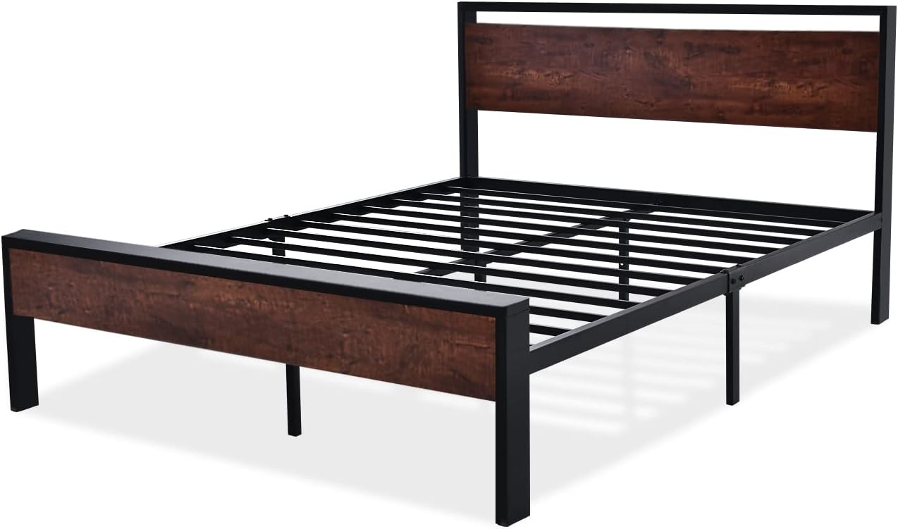 SHA CERLIN 14 Inch Full Size Metal Platform Bed Frame with Wooden Headboard and Footboard wourant