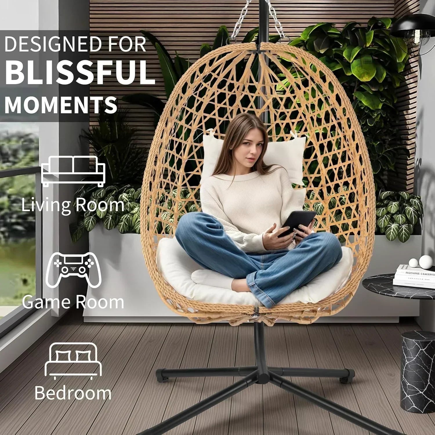 Egg Chair with Stand Patio Wicker Hanging Chair Hammock Swing Chair 350LBS Capacity for Bedroom wourant