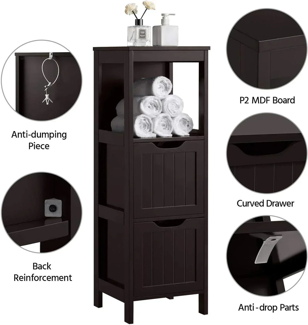 Bathroom Floor Cabinet Wooden Storage Cabinet with 2 Drawers Multifunctional Side Organizer Rack wourant