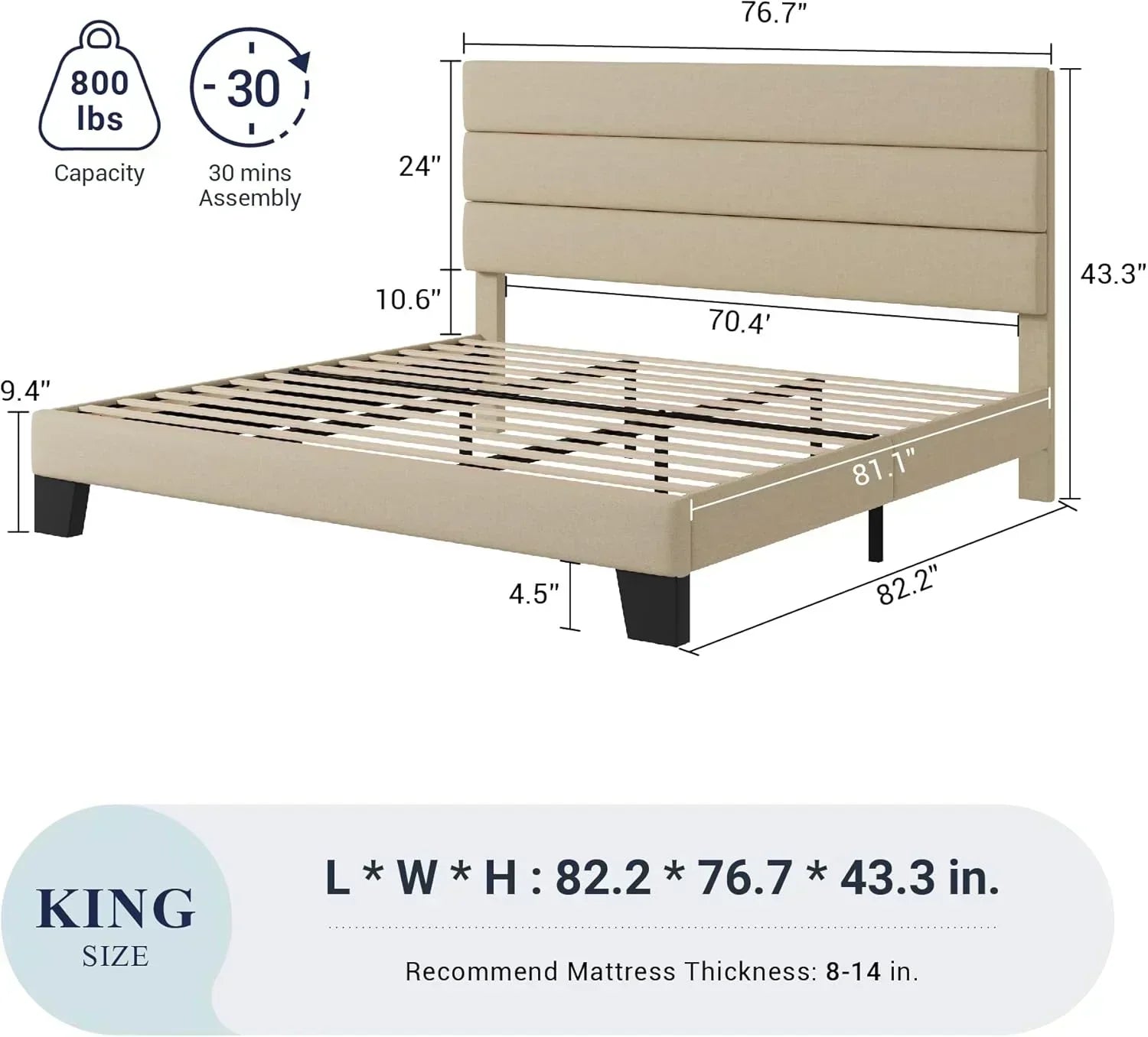 Allewie King size platform bed frame with velvet upholstered headboard and planks wourant