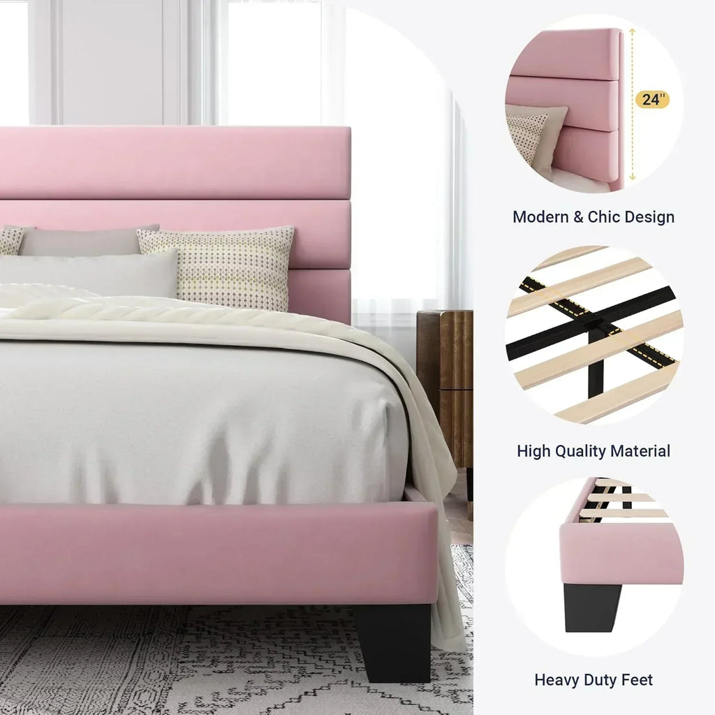 Allewie Queen Size Platform Bed Frame with Fabric Upholstered Headboard Wooden Slats Support wourant