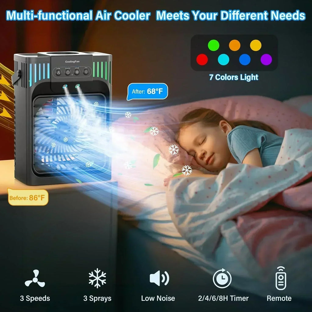 Portable Air Conditioners 4-in-1 Evaporative Air Cooler 3 Modes 7 LED Light Cooling Fan wourant