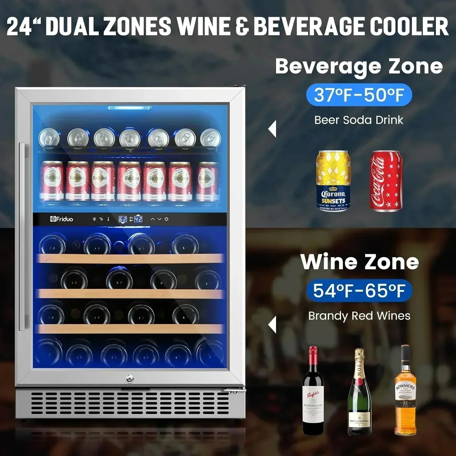 24 inch Dual Zone Beverage Refrigerator 30 Bottles 82 Cans Wine Fridge Built-in or Freestanding wourant