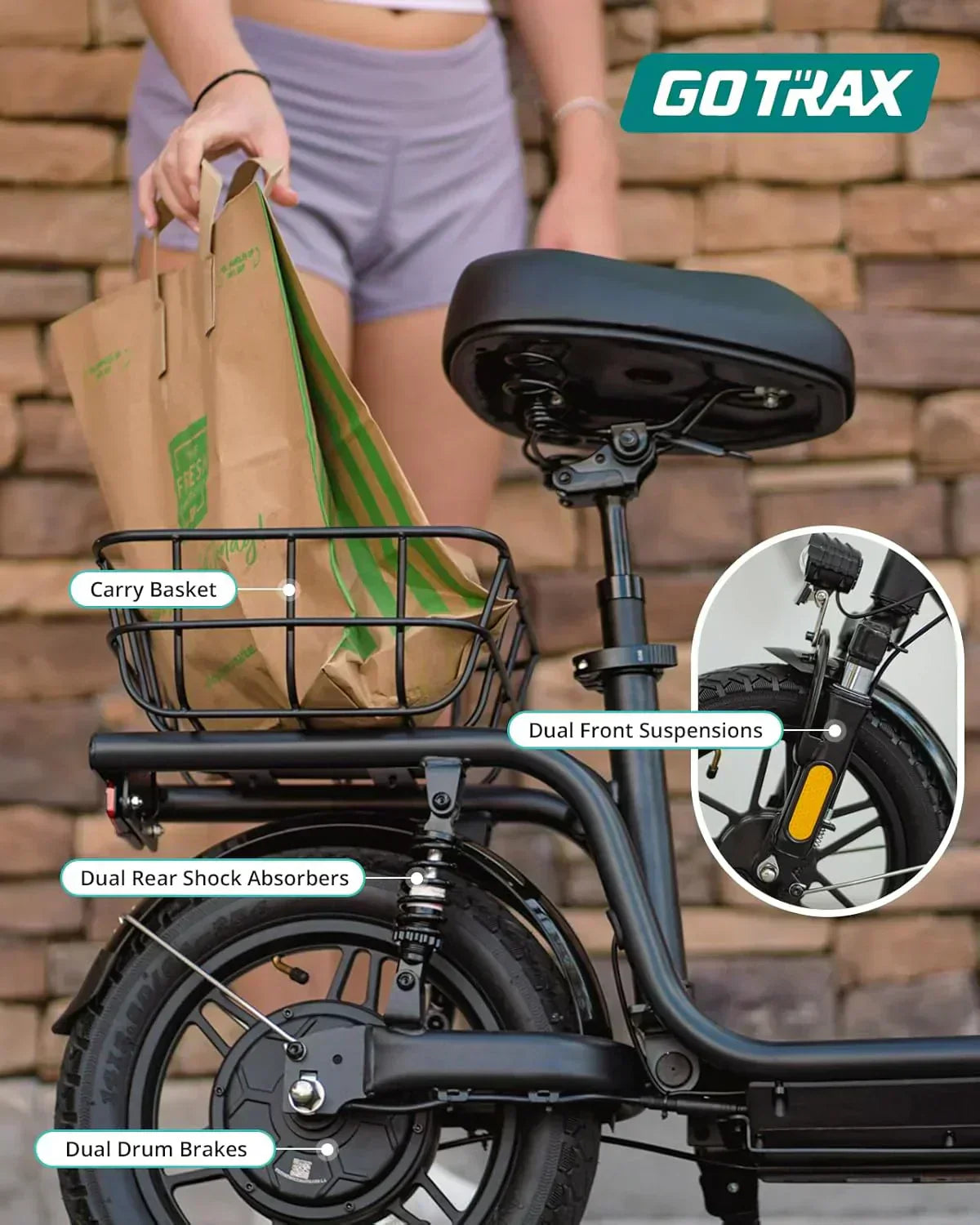 Gotrax adult electric scooter with seat maximum range of 19-25 miles all-terrain tires wide pedals wourant