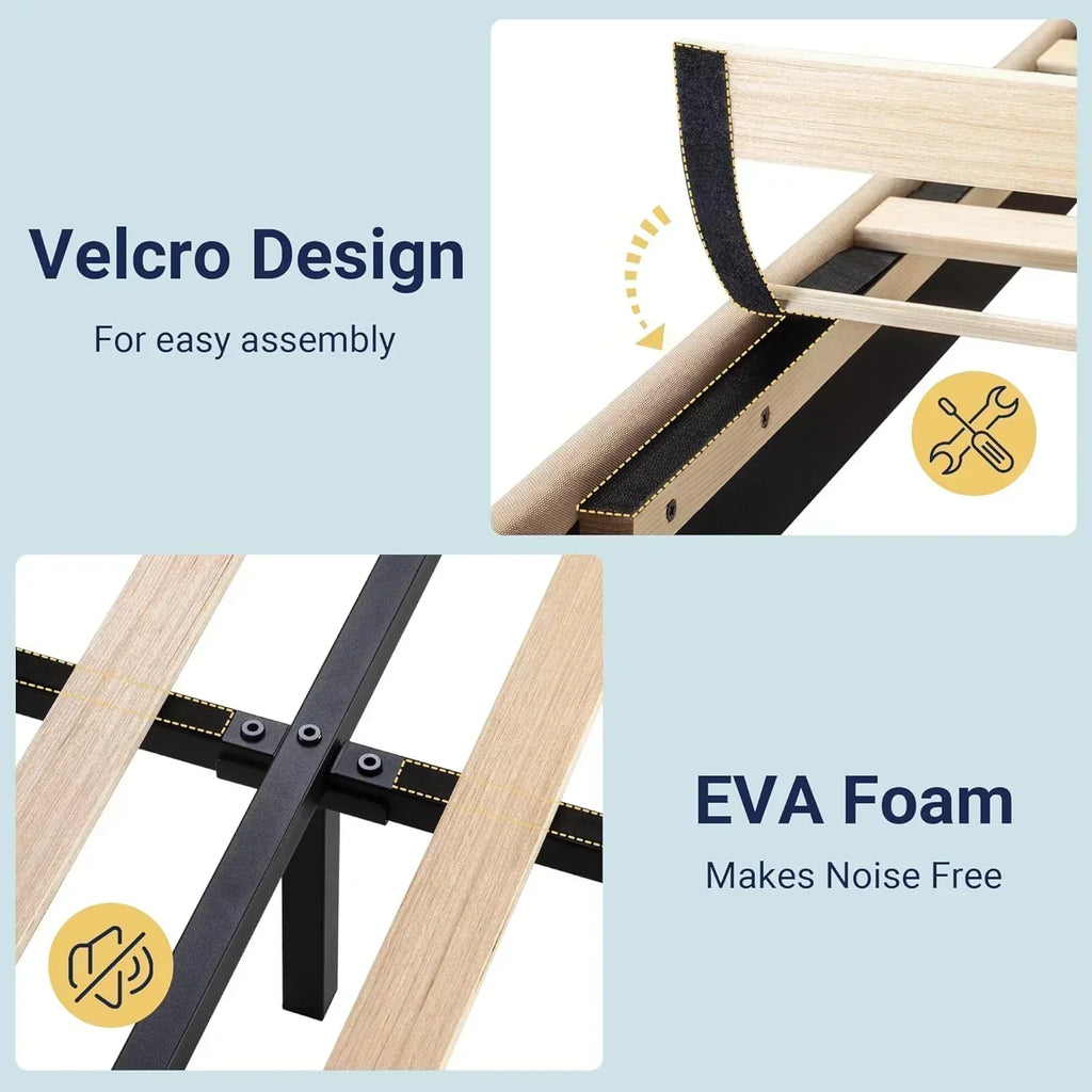 Allewie King size platform bed frame with velvet upholstered headboard and planks wourant