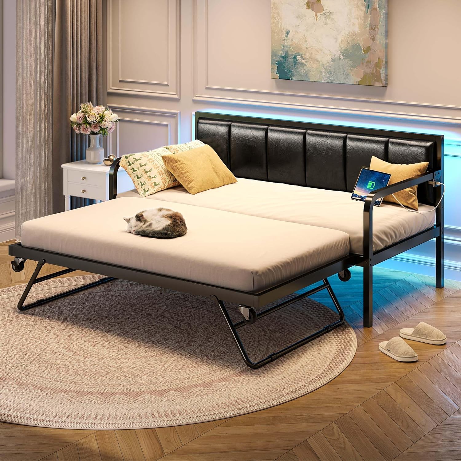 Rolanstar Daybed with Charging Station and LED Lights Height Adjustable Twin Daybed wourant