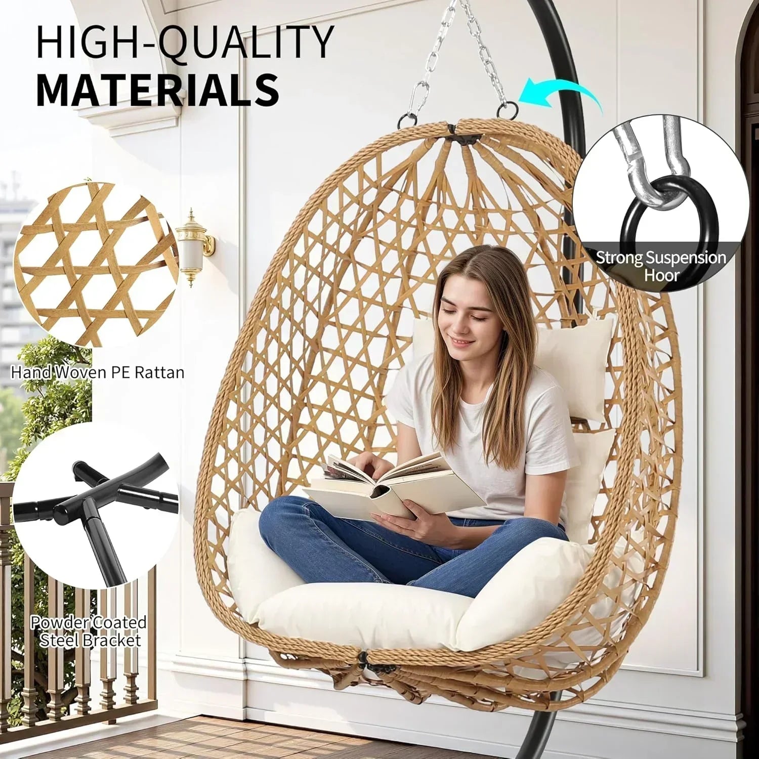 Egg Chair with Stand Patio Wicker Hanging Chair Hammock Swing Chair 350LBS Capacity for Bedroom wourant