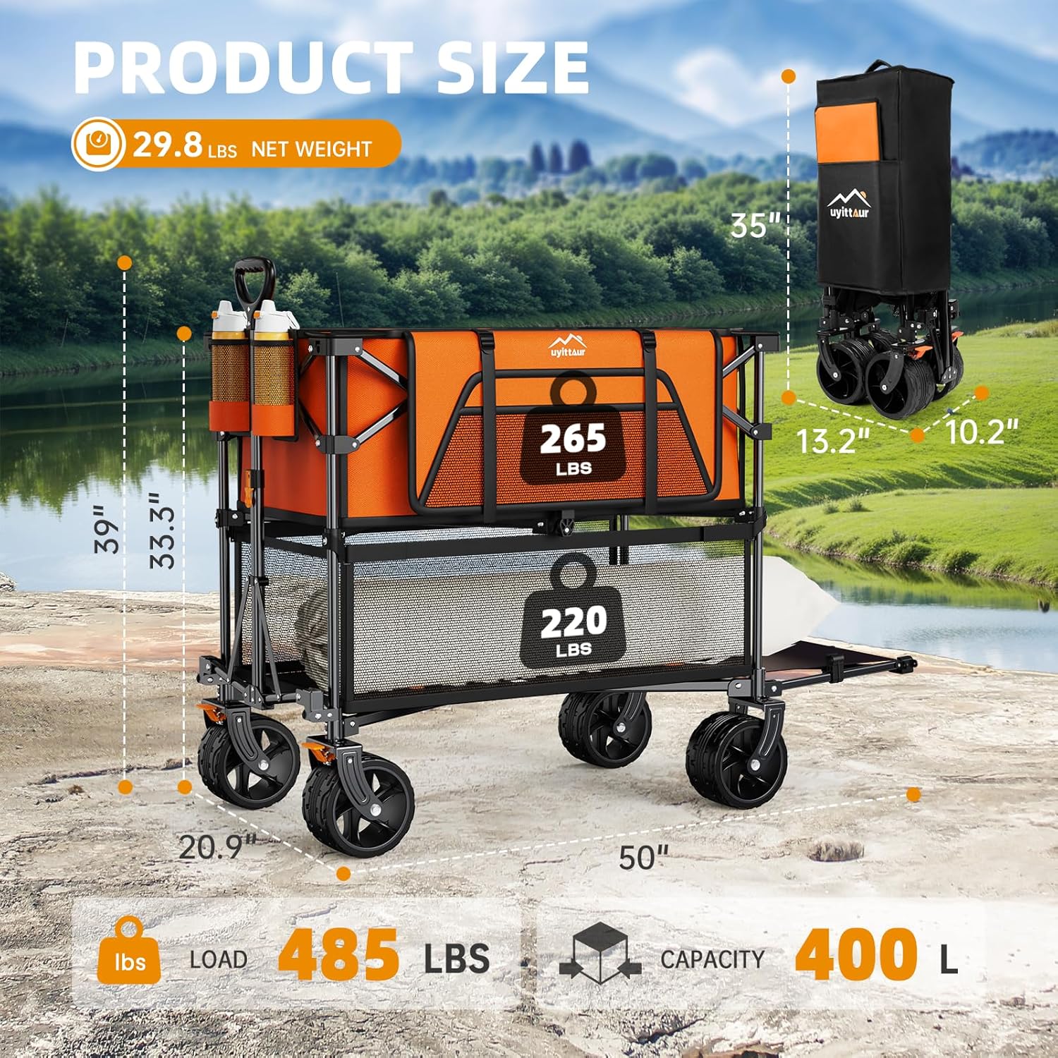 Foldable 50''L Extra Long Double Decker Wagon for Sport 400L Collapsible Heavy Duty Wagon Cart wourant