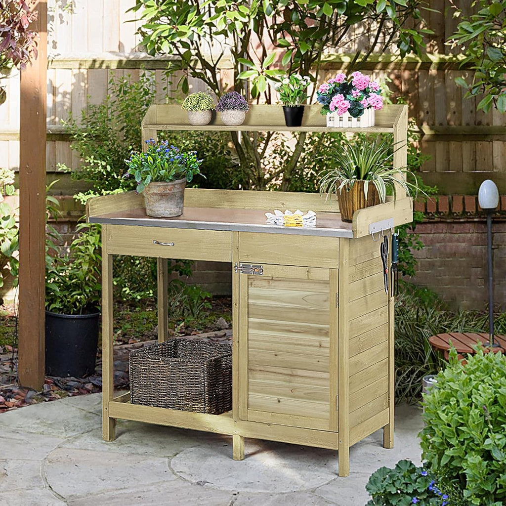 Yaheetech Outdoor Garden Potting Bench Table Work Bench Metal Tabletop Cabinet Drawer wourant