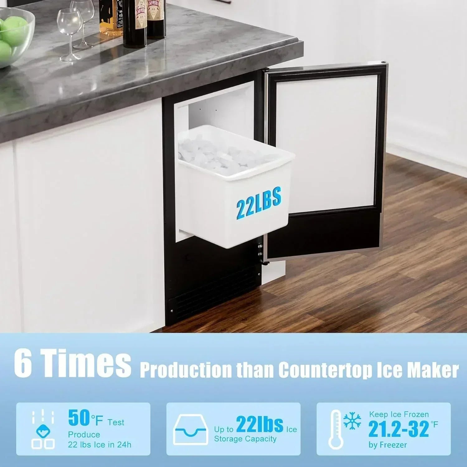 COTLIN 15" W Drainless Under Counter Ice Maker 22 LBS Storage Bin Free Standing wourant